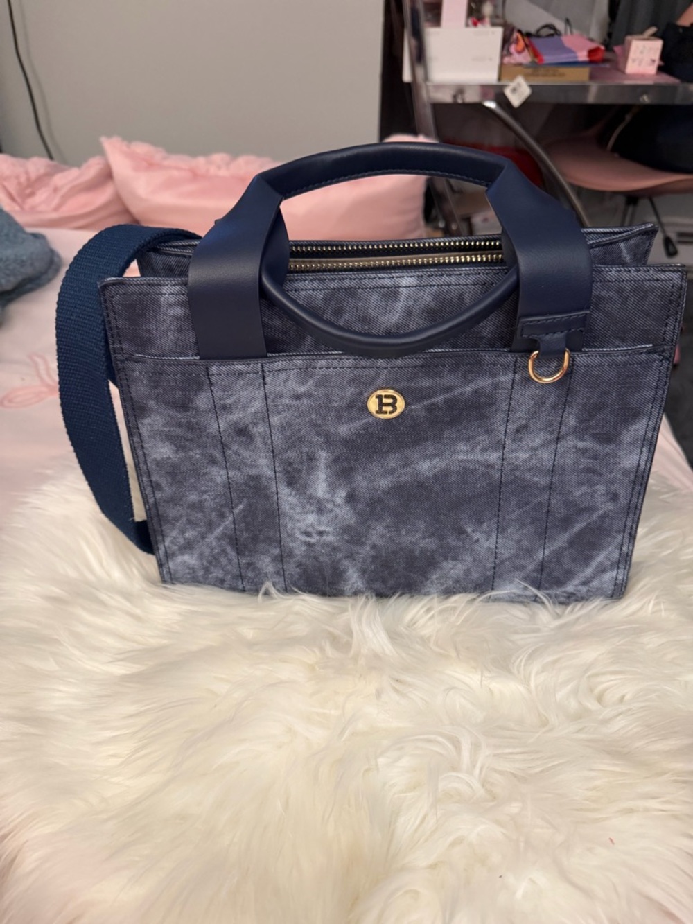 Blue Tie-Dye Canvas Tote with Gold Accent